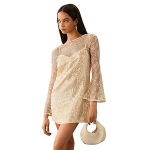 ANTHROPOLOGIE Audette Sheer Slim Mini Dress Gold Draped Sequin Dress Small